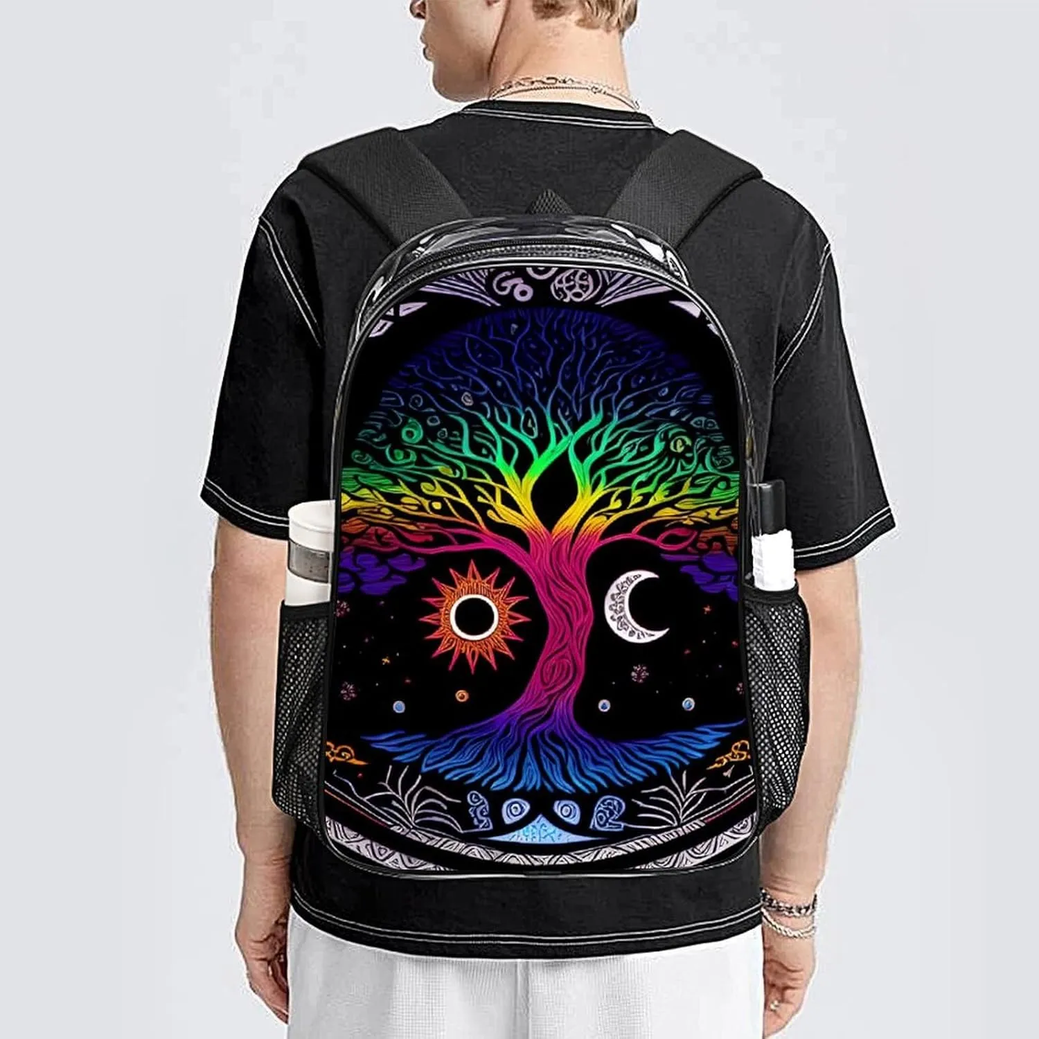 Adults Lightweight Sun And Moon Tree Of Life Art Rucksacks Large Capacity Bookbag Transparent Bag for Trekking Outdoors Bicycle