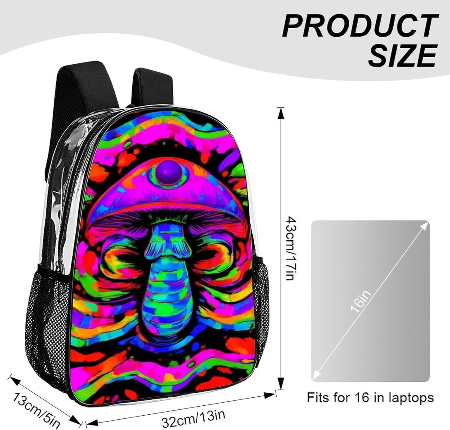 Adults Lightweight Trippy Mushroom Rainbow Tie Dye Art Rucksacks Large Capacity Bookbag Transparent Bag for Trekking Outdoors Bicycle