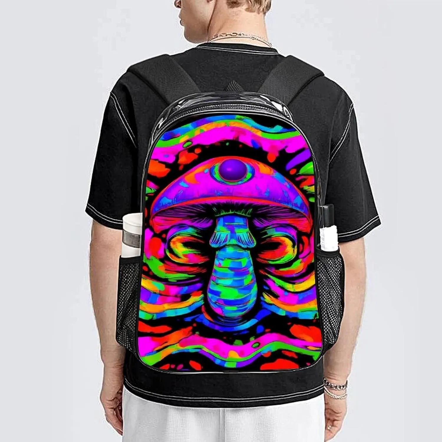 Adults Lightweight Trippy Mushroom Rainbow Tie Dye Art Rucksacks Large Capacity Bookbag Transparent Bag for Trekking Outdoors Bicycle