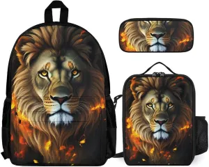 Adults Rucksacks Sets - Cool Lion Fire Surreal Style Art Bookbag Daypack Backpack Travel Hiking Daypack   Lunch Bag   Pencil Case, One Size