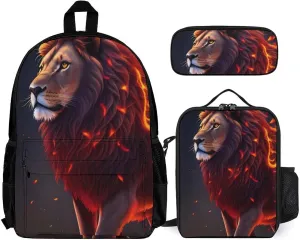 Adults Rucksacks Sets - Cool Lion Fire Surreal Style Art Carry On Bag Shoulder Book Bags   Lunch Bag   Pencil Case Travel Rucksack, Gym Outdoor Bag Backpack