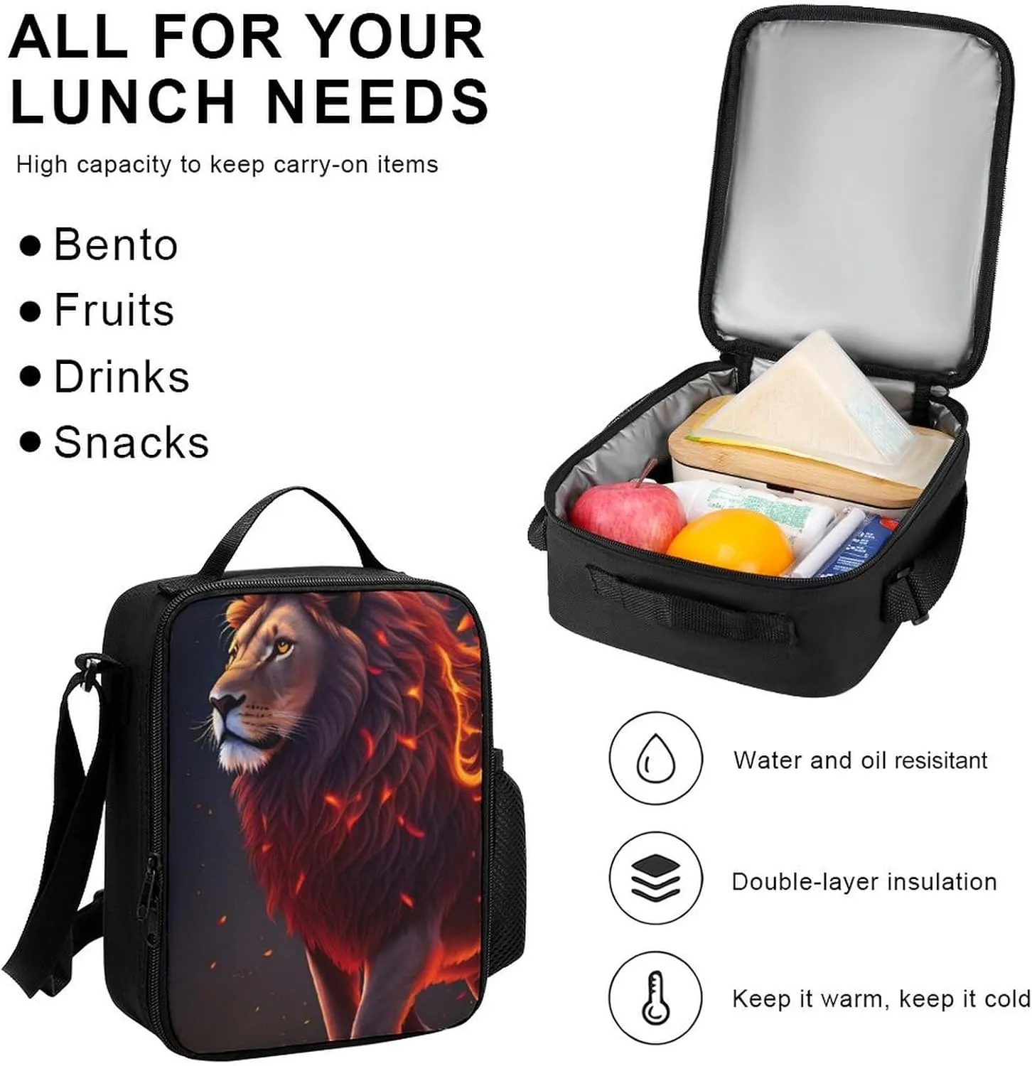 Adults Rucksacks Sets - Cool Lion Fire Surreal Style Art Carry On Bag Shoulder Book Bags   Lunch Bag   Pencil Case Travel Rucksack, Gym Outdoor Bag Backpack