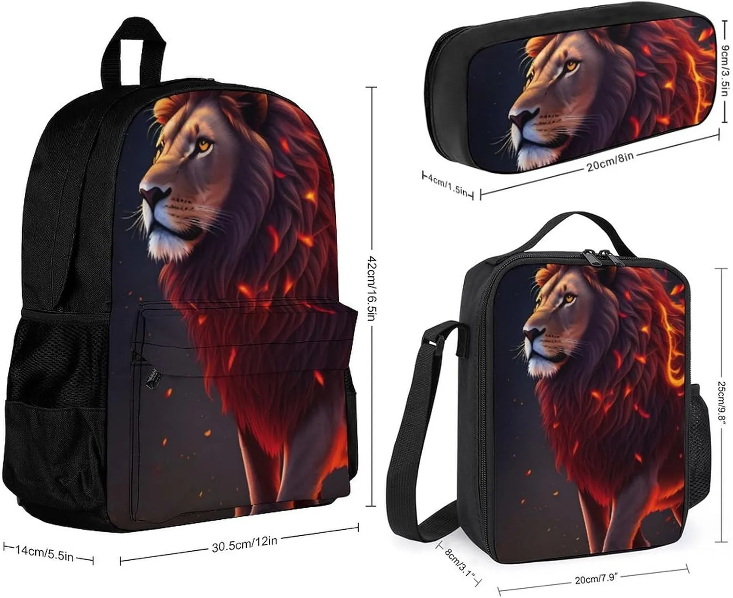 Adults Rucksacks Sets - Cool Lion Fire Surreal Style Art Carry On Bag Shoulder Book Bags   Lunch Bag   Pencil Case Travel Rucksack, Gym Outdoor Bag Backpack