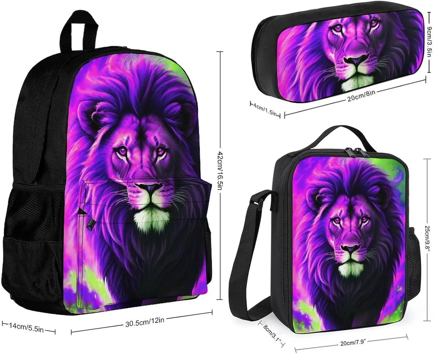Adults Rucksacks Sets - Cool Lion In The Universe Surreal Style Art Bookbag Daypack Backpack Travel Hiking Daypack   Lunch Bag   Pencil Case, One Size