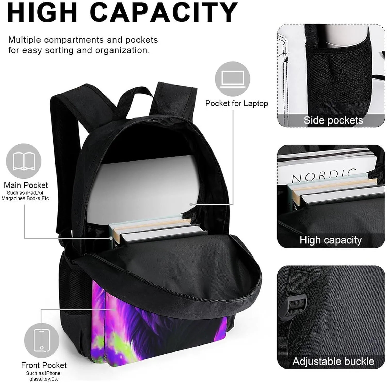 Adults Rucksacks Sets - Cool Lion In The Universe Surreal Style Art Bookbag Daypack Backpack Travel Hiking Daypack   Lunch Bag   Pencil Case, One Size