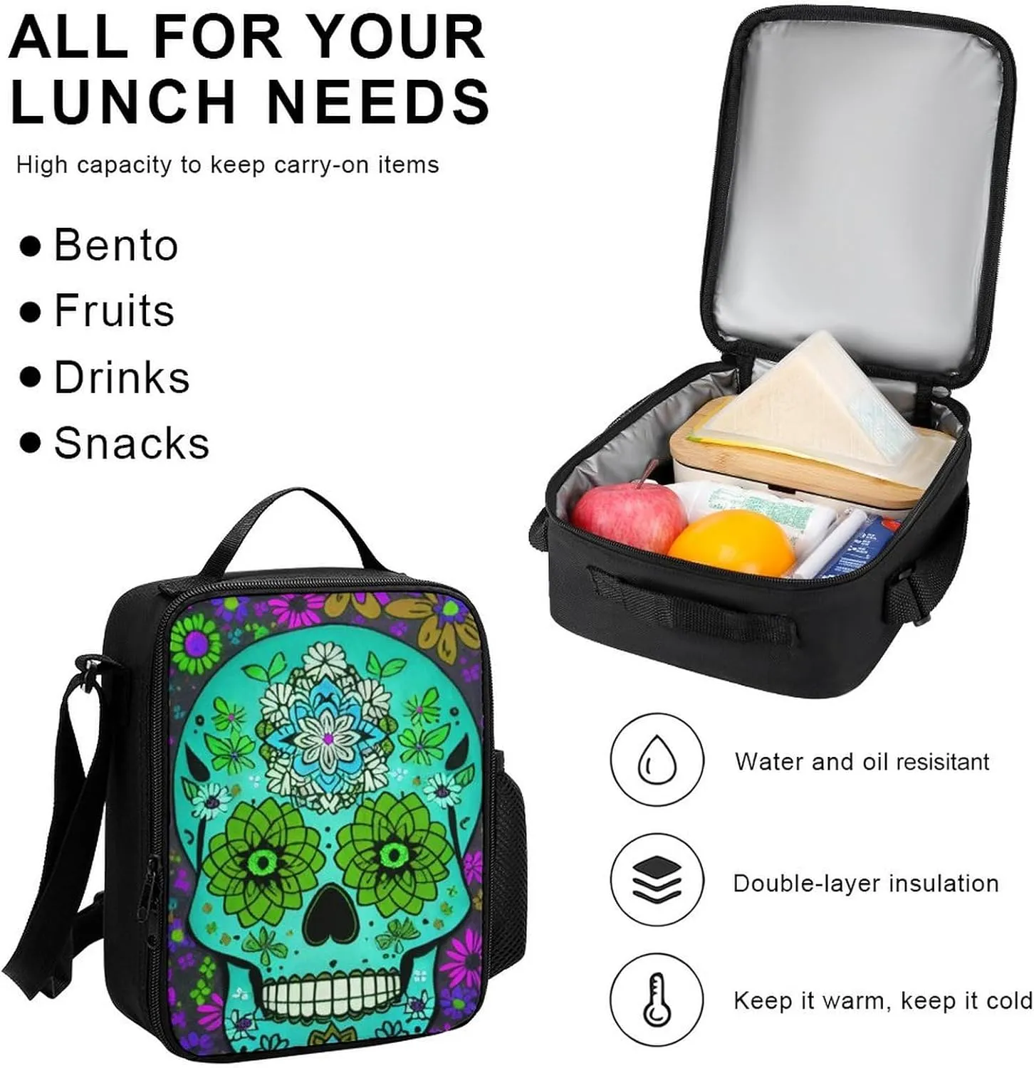 Adults Rucksacks Sets - Grunge Mexican Sugar Skulls Day Of The Dead Flowers Art Shoulder Bag Daypack Backpack Travel Hiking Daypack, 3 Piece Daypack Climbing Shoulder Bag Backpack