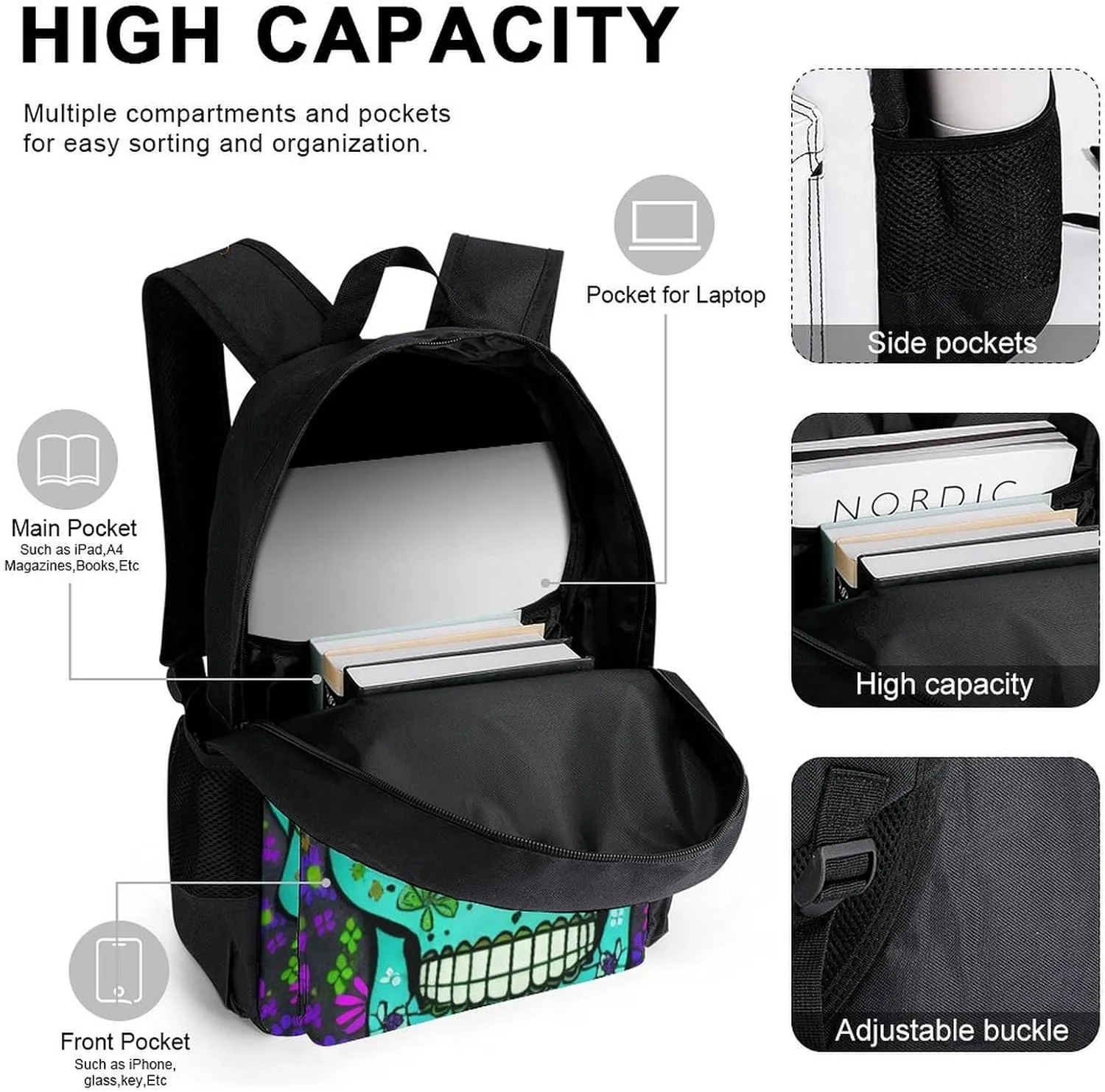 Adults Rucksacks Sets - Grunge Mexican Sugar Skulls Day Of The Dead Flowers Art Shoulder Bag Daypack Backpack Travel Hiking Daypack, 3 Piece Daypack Climbing Shoulder Bag Backpack