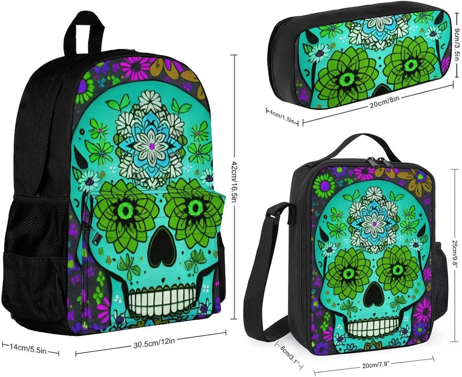 Adults Rucksacks Sets - Grunge Mexican Sugar Skulls Day Of The Dead Flowers Art Shoulder Bag Daypack Backpack Travel Hiking Daypack, 3 Piece Daypack Climbing Shoulder Bag Backpack