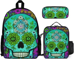 Adults Rucksacks Sets - Grunge Mexican Sugar Skulls Day Of The Dead Flowers Art Shoulder Bag Daypack Backpack Travel Hiking Daypack, 3 Piece Daypack Climbing Shoulder Bag Backpack