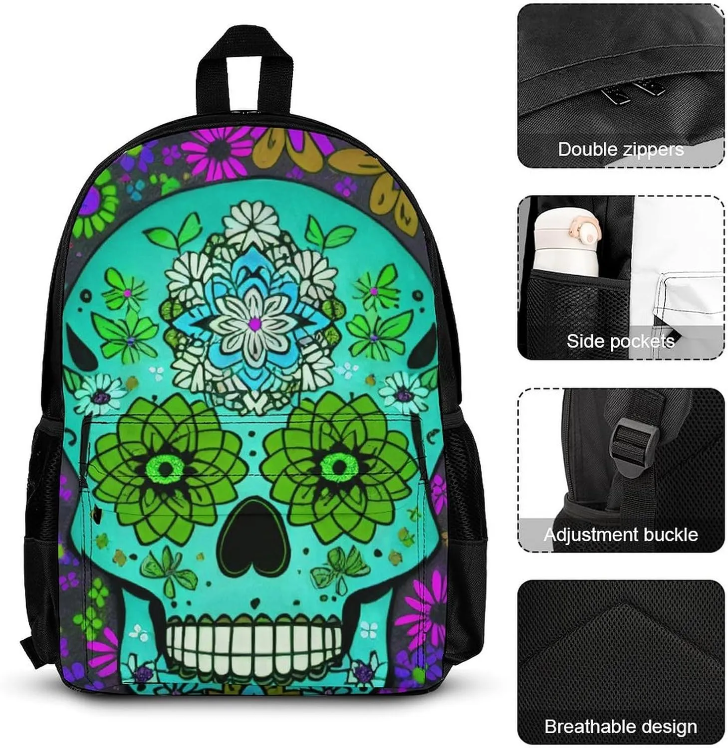 Adults Rucksacks Sets - Grunge Mexican Sugar Skulls Day Of The Dead Flowers Art Shoulder Bag Daypack Backpack Travel Hiking Daypack, 3 Piece Daypack Climbing Shoulder Bag Backpack