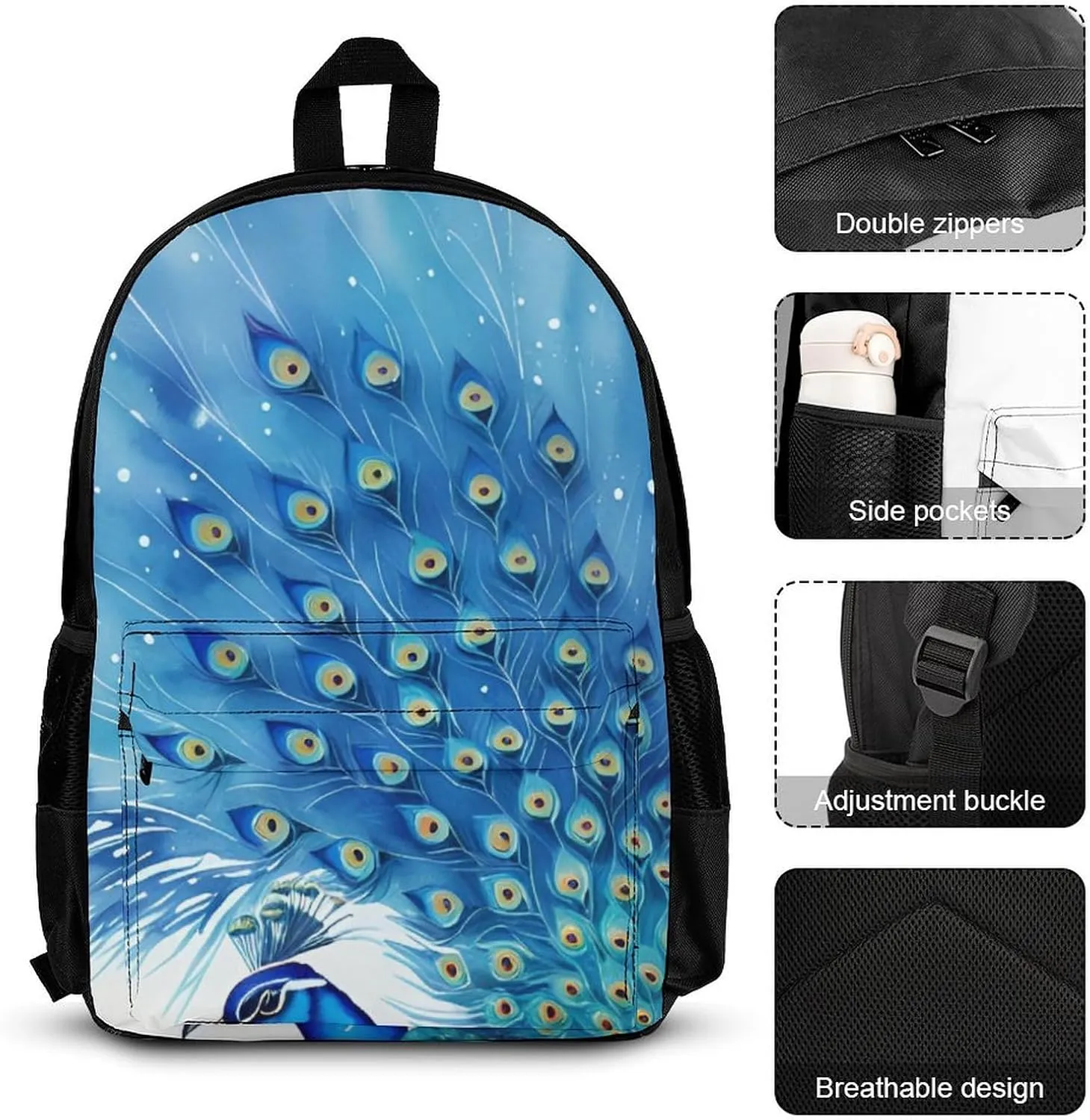 Adults Rucksacks Sets - Peacock Blue Watercolor Art Shoulder Bag Daypack Backpack Travel Hiking Daypack, 3 Piece Daypack Climbing Shoulder Bag Backpack