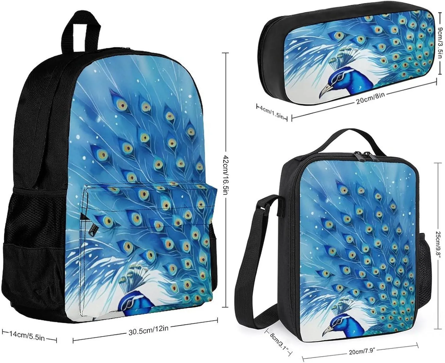Adults Rucksacks Sets - Peacock Blue Watercolor Art Shoulder Bag Daypack Backpack Travel Hiking Daypack, 3 Piece Daypack Climbing Shoulder Bag Backpack