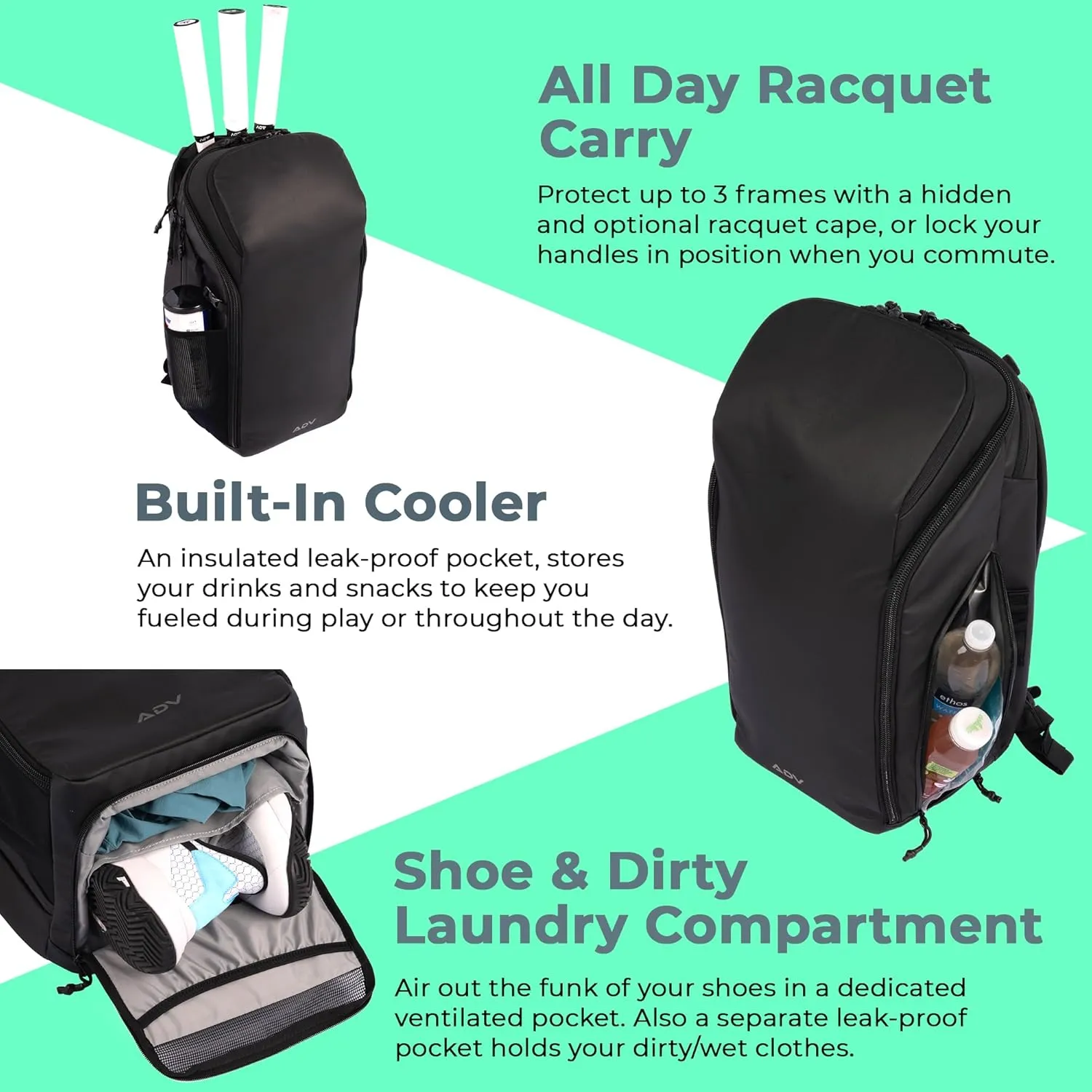 ADV Tennis Backpack V2 and Pickleball Backpack V2 - Tennis Bag and Pickleball Bag, Modern & Functional Design, Cooler, Shoe Compartment, and Unmatched Organization for Men and Women