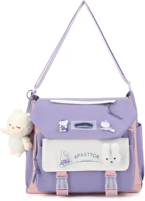 Aesthetic Messenger Bag with Stuffed Pendant and Pins Kawaii Crossbody Bag for Women nylon Messenger Bag Japanese Ita Bag Casual Shoulder Bag