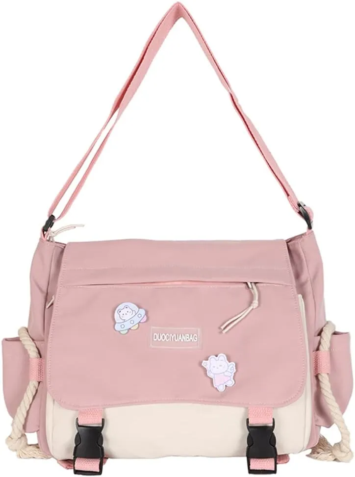 Aesthetic Messenger Bag with Stuffed Pendant and Pins Kawaii Crossbody Bag for Women nylon Messenger Bag Japanese Ita Bag Casual Shoulder Bag