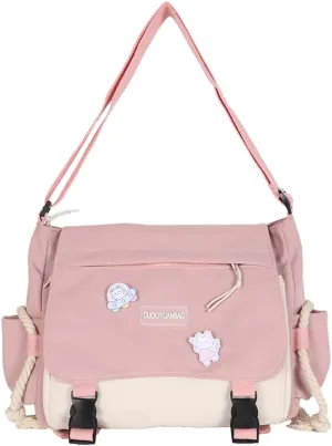Aesthetic Messenger Bag with Stuffed Pendant and Pins Kawaii Crossbody Bag for Women nylon Messenger Bag Japanese Ita Bag Casual Shoulder Bag