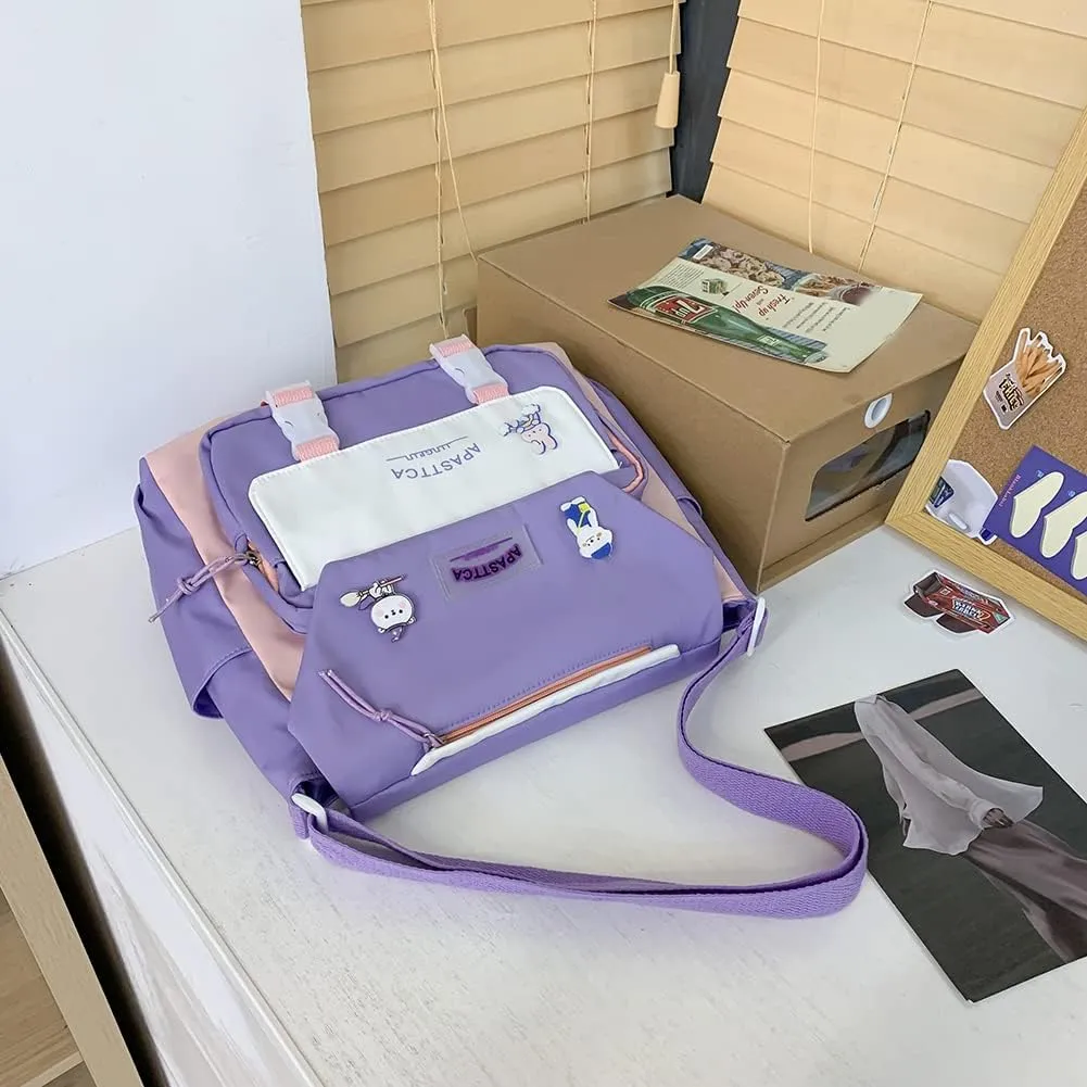 Aesthetic Messenger Bag with Stuffed Pendant and Pins Kawaii Crossbody Bag for Women nylon Messenger Bag