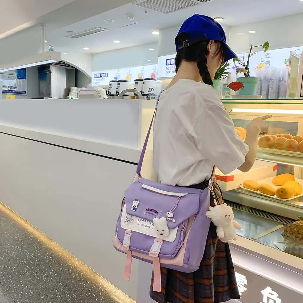 Aesthetic Messenger Bag with Stuffed Pendant and Pins Kawaii Crossbody Bag for Women nylon Messenger Bag