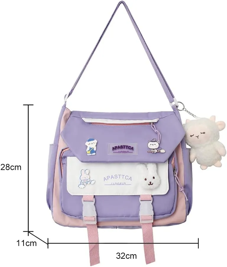 Aesthetic Messenger Bag with Stuffed Pendant and Pins Kawaii Crossbody Bag for Women nylon Messenger Bag