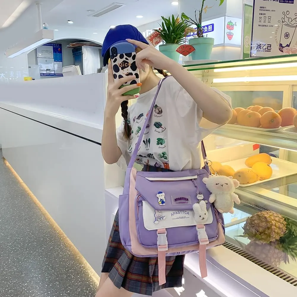 Aesthetic Messenger Bag with Stuffed Pendant and Pins Kawaii Crossbody Bag for Women nylon Messenger Bag