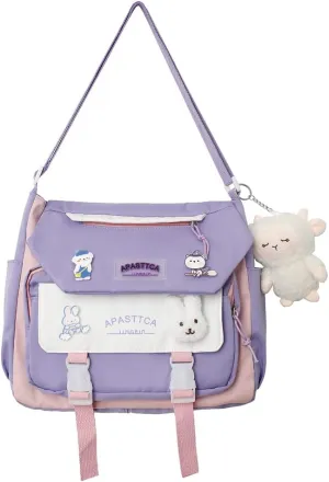Aesthetic Messenger Bag with Stuffed Pendant and Pins Kawaii Crossbody Bag for Women nylon Messenger Bag