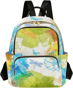 ALAZA Small Backpack Purse for Women Teen Girls Green Tie-dye Flower Butterfly Bird Beetle Quilted Backpack Fashion Bookbag Mini School Daypack Ladies Shoulder Bag Everyday Purses