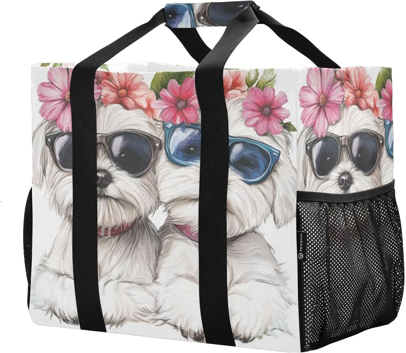 ALAZA Two Puppy Dogs with Sunglasses Flower Waterproof Beach Tote Bags