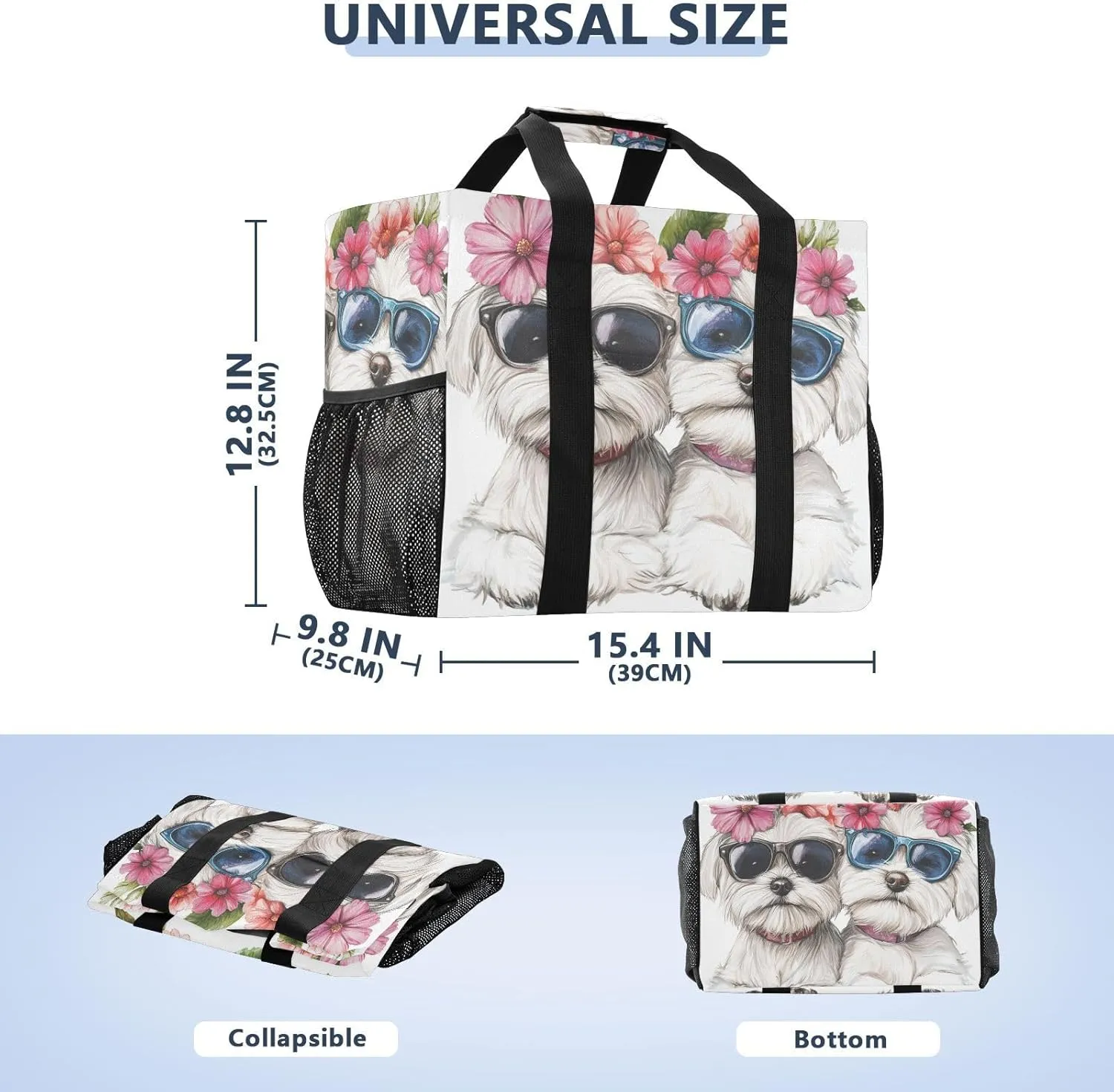 ALAZA Two Puppy Dogs with Sunglasses Flower Waterproof Beach Tote Bags