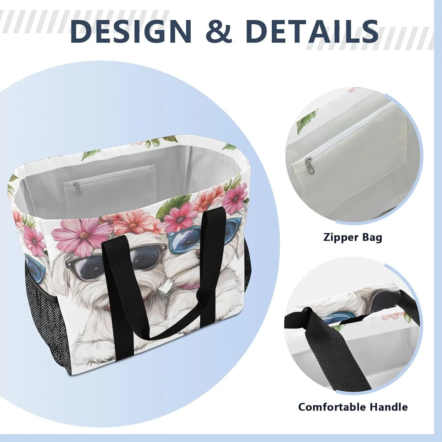 ALAZA Two Puppy Dogs with Sunglasses Flower Waterproof Beach Tote Bags