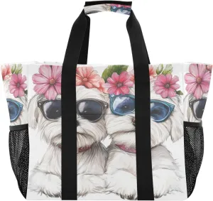 ALAZA Two Puppy Dogs with Sunglasses Flower Waterproof Beach Tote Bags