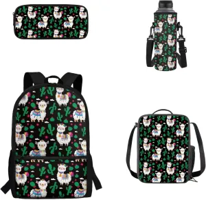 Alpaca Cactus Preteen Backpack Set for School and Travel, High-Capacity Bookbag with Insulated Lunch Bag, Mesh Pencil Pouch, Adjustable Crossbody Bottle Strap