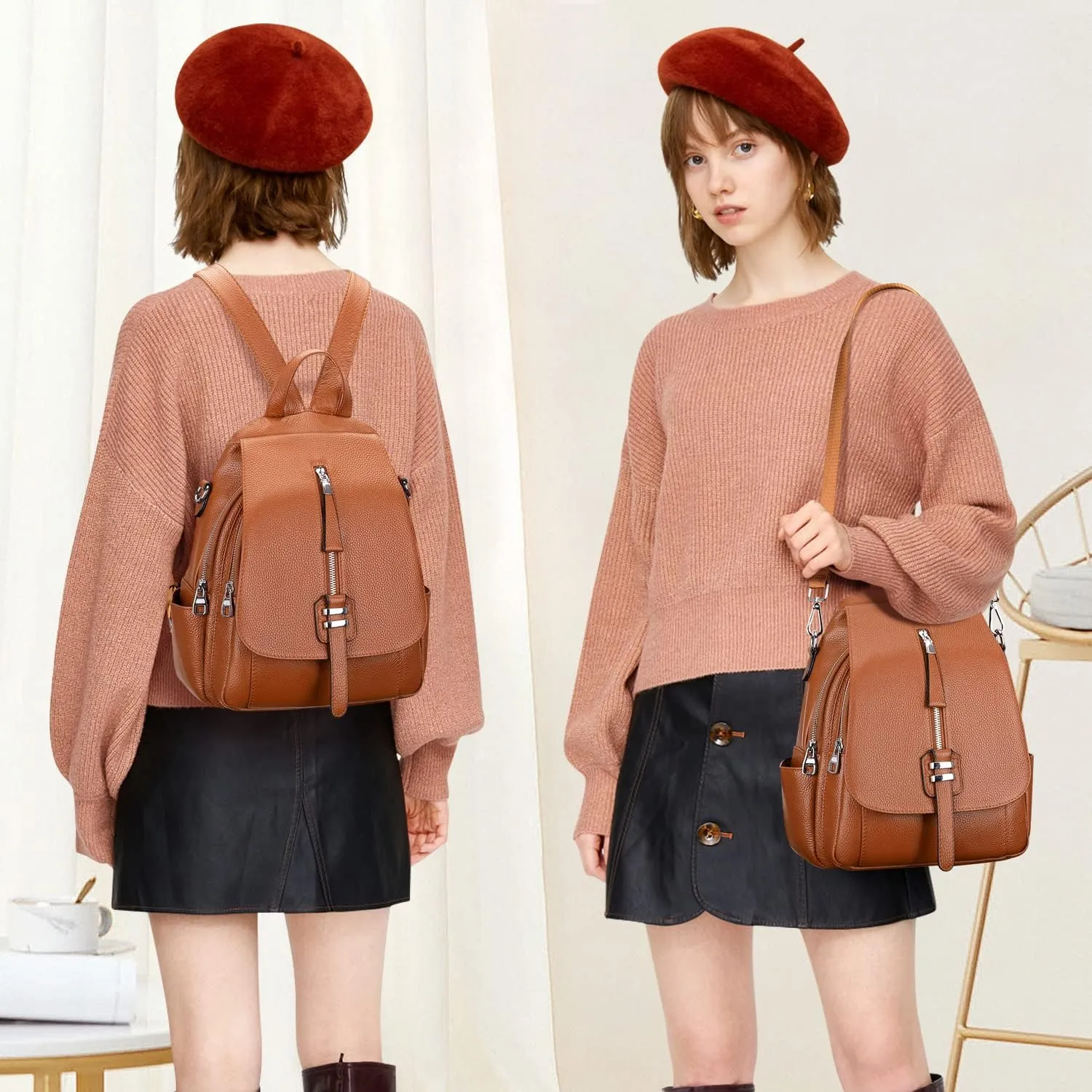 ALTOSY Genuine Leather Backpack Purse for Women Convertible Shoulder Bag with Buckle Flap