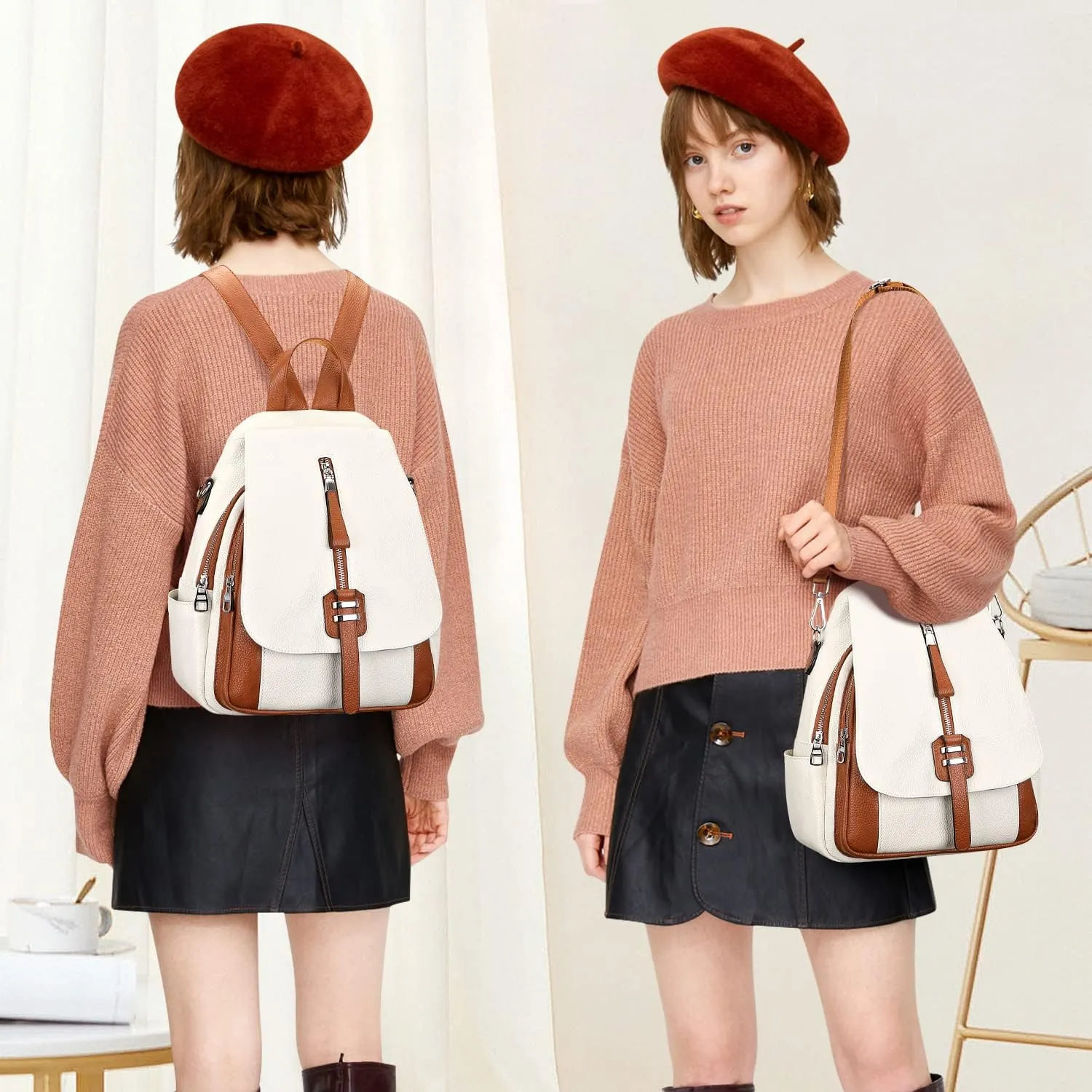 ALTOSY Genuine Leather Backpack Purse for Women Convertible Shoulder Bag with Buckle Flap