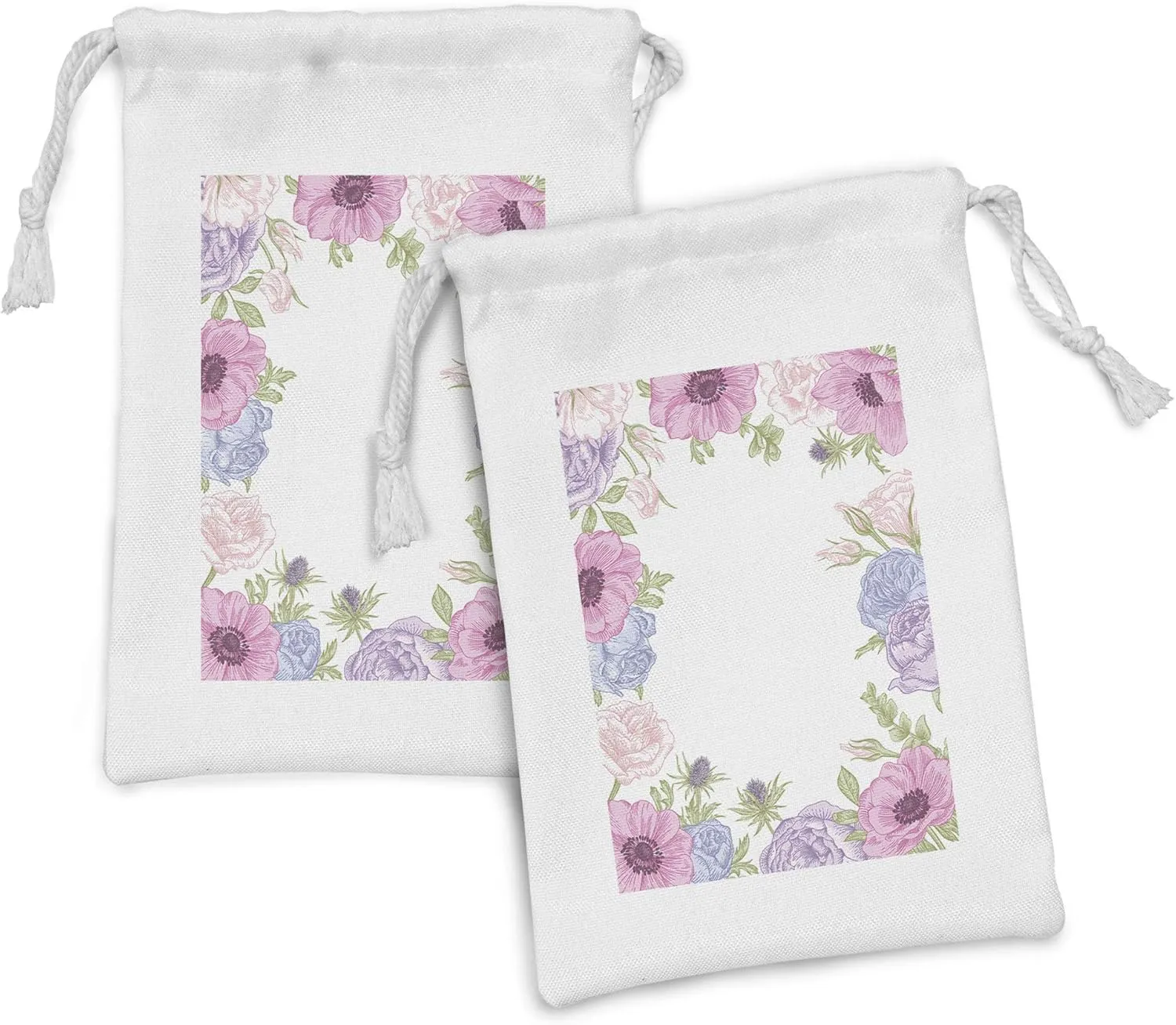 Ambesonne Anemone Flower Fabric Pouch Set of 2, Hand Drawn Framework with Fresh Summer Flora Bridal Wedding Theme, Small Drawstring Bag for Toiletries Masks and Favors, 9" x 6", Pink Pale Blue Green