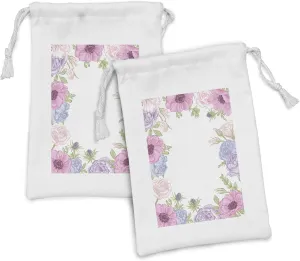 Ambesonne Anemone Flower Fabric Pouch Set of 2, Hand Drawn Framework with Fresh Summer Flora Bridal Wedding Theme, Small Drawstring Bag for Toiletries Masks and Favors, 9" x 6", Pink Pale Blue Green