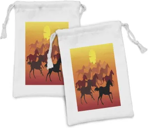Ambesonne Animal Fabric Pouch Set of 2, Dramatic View of Many Horse Running and Sunset Tangerine Colors Graphic, Small Drawstring Bag for Toiletries Masks and Favors, 9" x 6", Marigold and Maroon