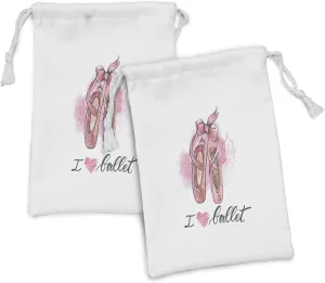 Ambesonne Ballerina Fabric Pouch Set of 2, I Love Ballet Typography with Paint Illustration of Pair of Pointe Shoes, Small Drawstring Bag for Toiletries Masks and Favors, 9" x 6", Multicolor