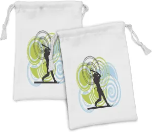 Ambesonne Baseball Fabric Pouch Set of 2, Baseball Player with Circles on His Bat Wild Pitch Fast Win Do It, Small Drawstring Bag for Toiletries Masks and Favors, 9" x 6", Green Blue Black