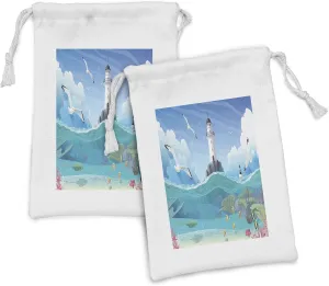 Ambesonne Blue Nautical Fabric Pouch Set of 2, Cartoon Style Watchtower Sea Port Seagulls Flying Waves Fish Scenery, Small Drawstring Bag for Toiletries Masks and Favors, 9" x 6", Multicolor