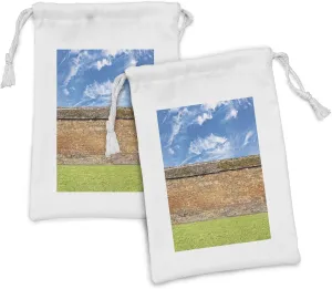 Ambesonne Brick Wall Fabric Pouch Set of 2, Horizontal Brick Wall Field Dramatic Achitecture Landmark Urban Print, Small Drawstring Bag for Toiletries Masks and Favors, 9" x 6", Red Green