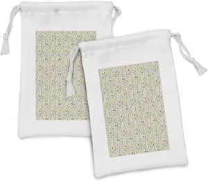 Ambesonne Cartoon Fabric Pouch Set of 2, Yellow Flowers with Acorns and Foliage Pattern Ecology Themed Spring, Small Drawstring Bag for Toiletries Masks and Favors, 9" x 6", Yellow Sea Green Black