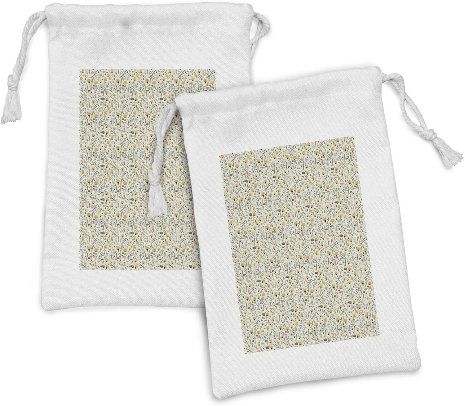 Ambesonne Cartoon Fabric Pouch Set of 2, Yellow Flowers with Acorns and Foliage Pattern Ecology Themed Spring, Small Drawstring Bag for Toiletries Masks and Favors, 9" x 6", Yellow Sea Green Black