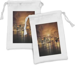 Ambesonne Cityscape Fabric Pouch Set of 2, Manhattan at Sunset New York from Brooklyn Reflections Seaport Scenery Print, Small Drawstring Bag for Toiletries Masks and Favors, 9" x 6", Orange Black