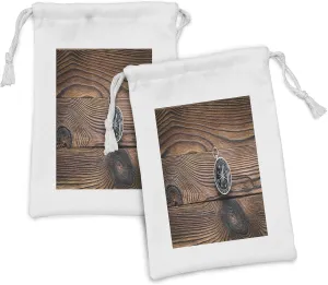 Ambesonne Compass Fabric Pouch Set of 2, Navigator Tool on Wooden Backdrop from Above Vista Photo, Small Drawstring Bag for Toiletries Masks and Favors, 9" x 6", Charcoal Grey Caramel