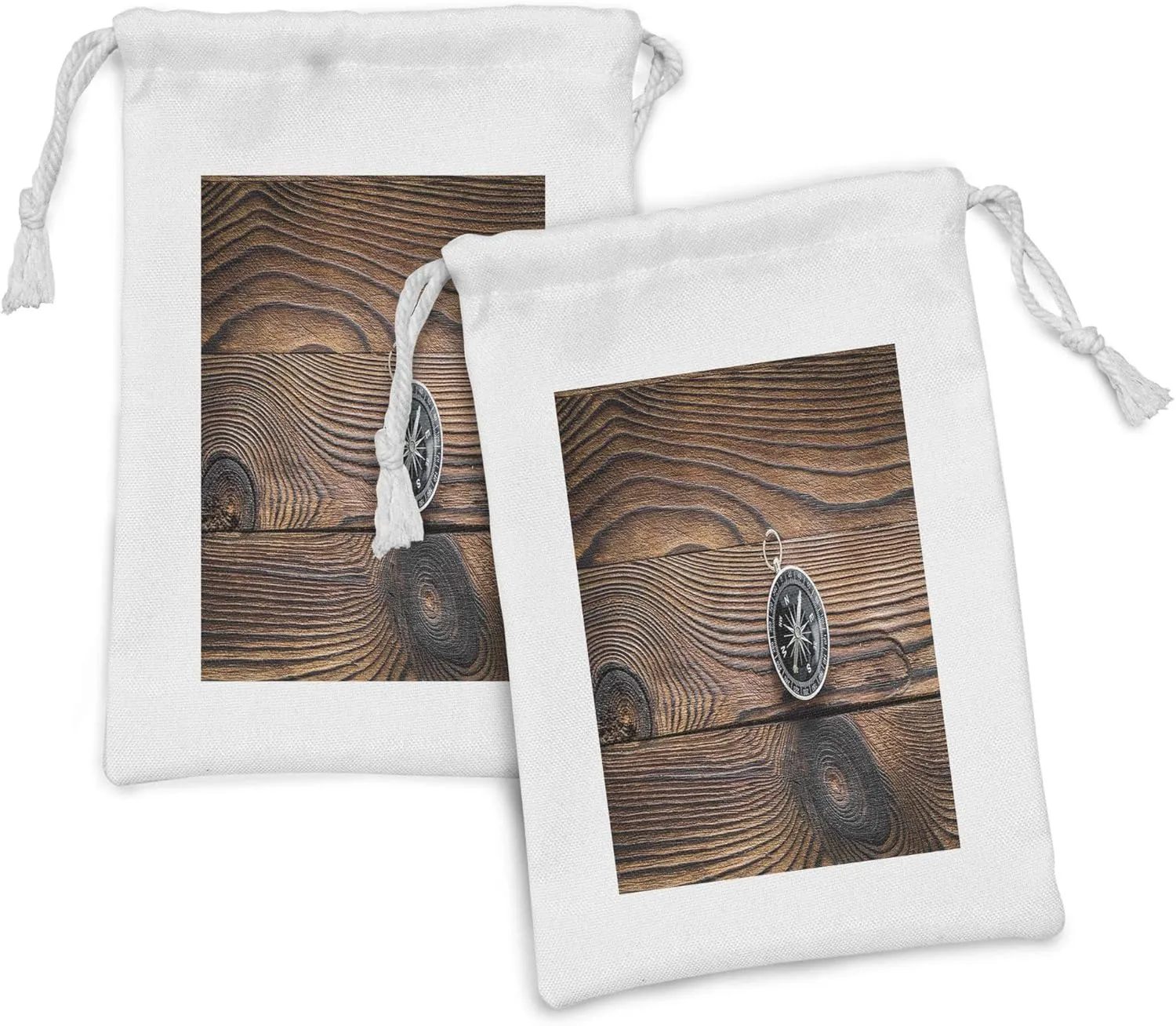 Ambesonne Compass Fabric Pouch Set of 2, Navigator Tool on Wooden Backdrop from Above Vista Photo, Small Drawstring Bag for Toiletries Masks and Favors, 9" x 6", Charcoal Grey Caramel