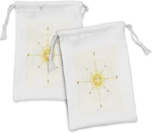 Ambesonne Compass Fabric Pouch Set of 2, Vintage Boating Windrose with the Face of the Sun in the Middle North South East West, Small Drawstring Bag for Toiletries Masks and Favors, 9" x 6", Yellow