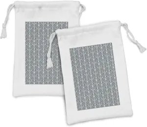 Ambesonne Damask Fabric Pouch Set of 2, Symmetrical Civilizations Motif with Floral Arrangement Leaves and Flower Buds, Small Drawstring Bag for Toiletries Masks and Favors, 9" x 6", Cream Grey