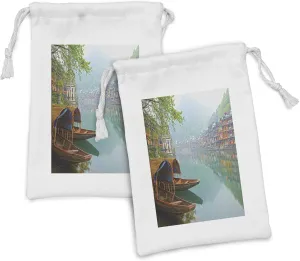 Ambesonne East Fabric Pouch Set of 2, Old Chinese Suburbs Lake Canal with Wood Boats Foggy Eastern Rural Scene Art, Small Drawstring Bag for Toiletries Masks and Favors, 9" x 6", Multicolor