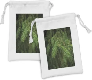 Ambesonne Evergreen Fabric Pouch Set of 2, Pattern of Branches of a Fir Closeup Image with a Blurred Background, Small Drawstring Bag for Toiletries Masks and Favors, 9" x 6", Fern Green Evergreen
