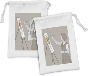 Ambesonne Fine Art Fabric Pouch Set of 2, Lady Painting onto Canvas Colorful Paint Splashes Artist Performing, Small Drawstring Bag for Toiletries Masks and Favors, 9" x 6", Dark Eggshell Multicolor